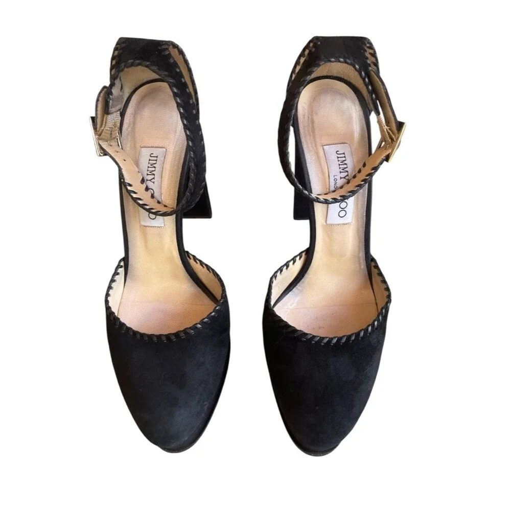 JIMMY CHOO Daphne 120 Pumps Black Whipstitch Suede Platform Heels 39.5